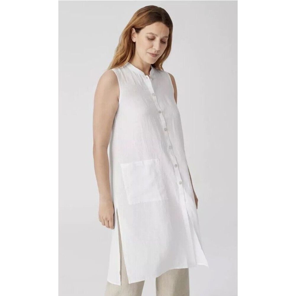 Eileen Fisher XXS V-neck Long Button Front Top‎ Organic Linen Handkerchief White